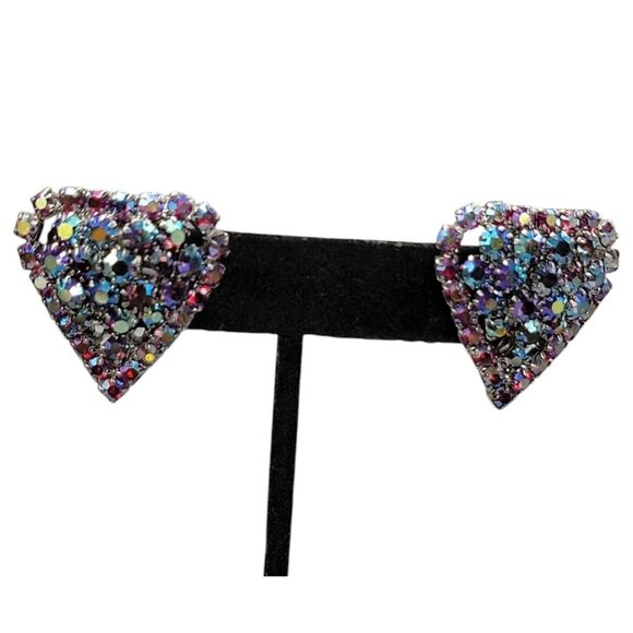 Aurora Borealis Clover Leaf Clip On Earrings Pat Pending Vintage Pave Rhinestone - Picture 1 of 11